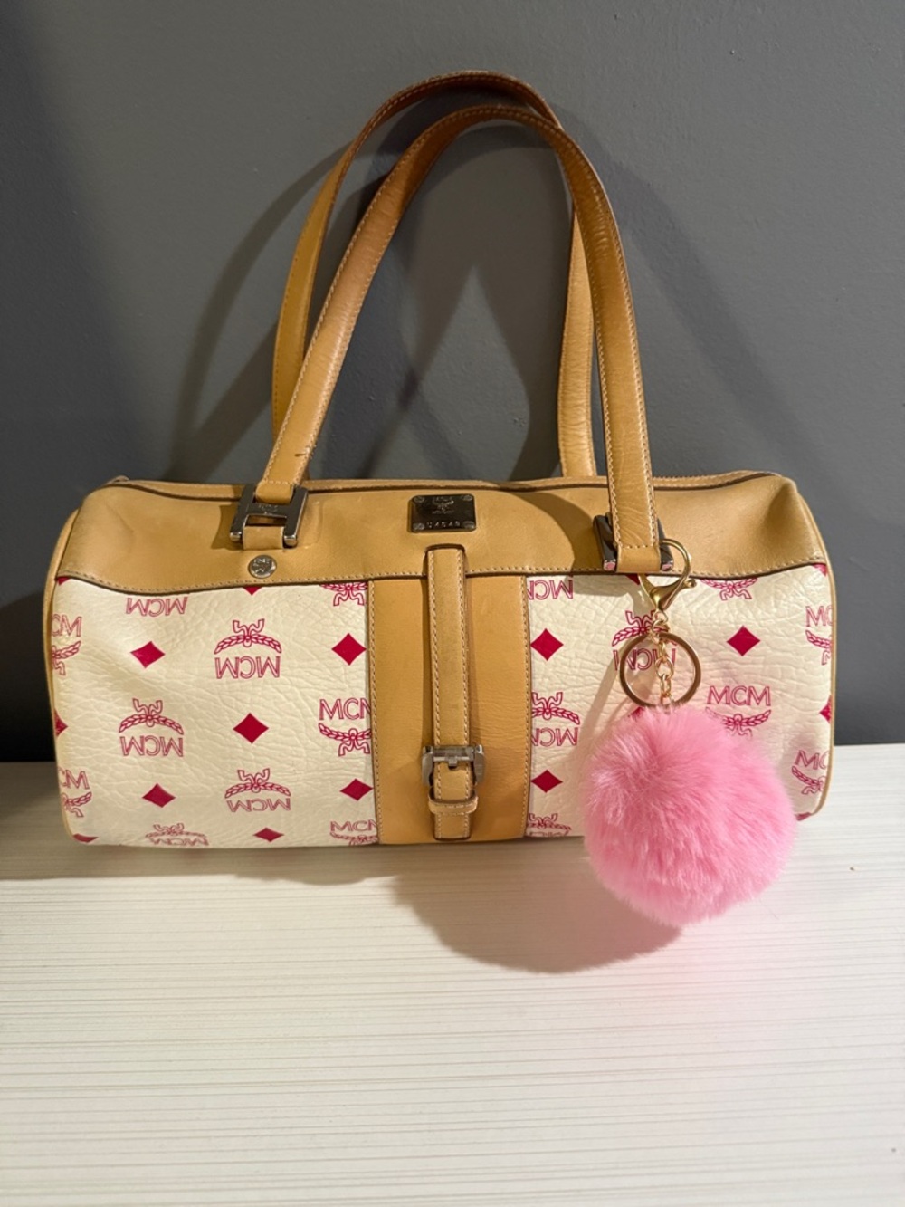 vintage MCM White and Pink Papillon or Boston bag.